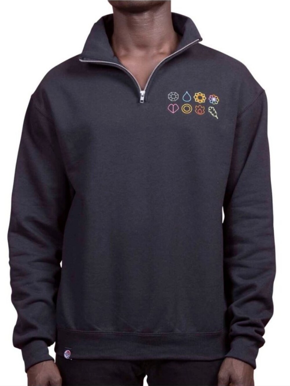 Pokemon Center Embroidered Kanto Region Gym Badges Black 1/4 Zip Sweatshirt